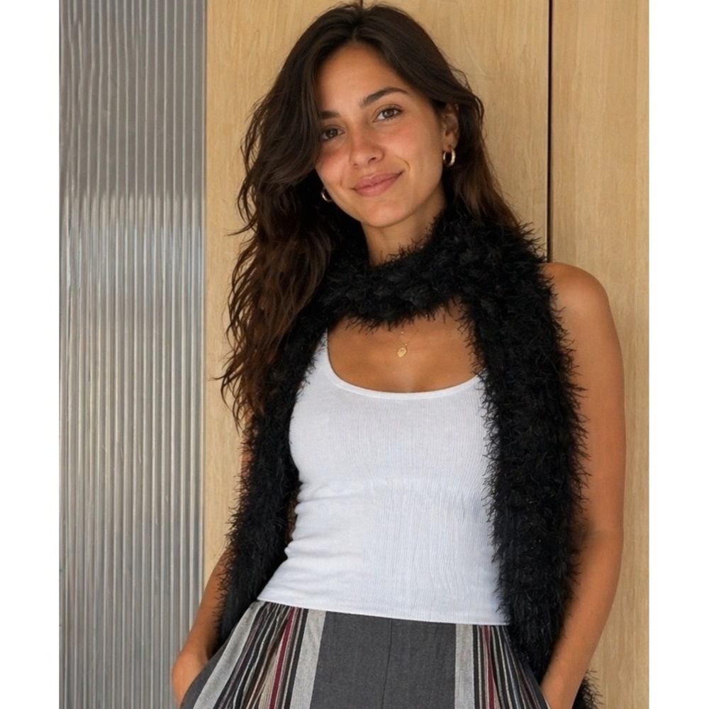 Black Loop Knit Long Shawl Scarf Wrap Shaggy Boho Whimsygoth Festival